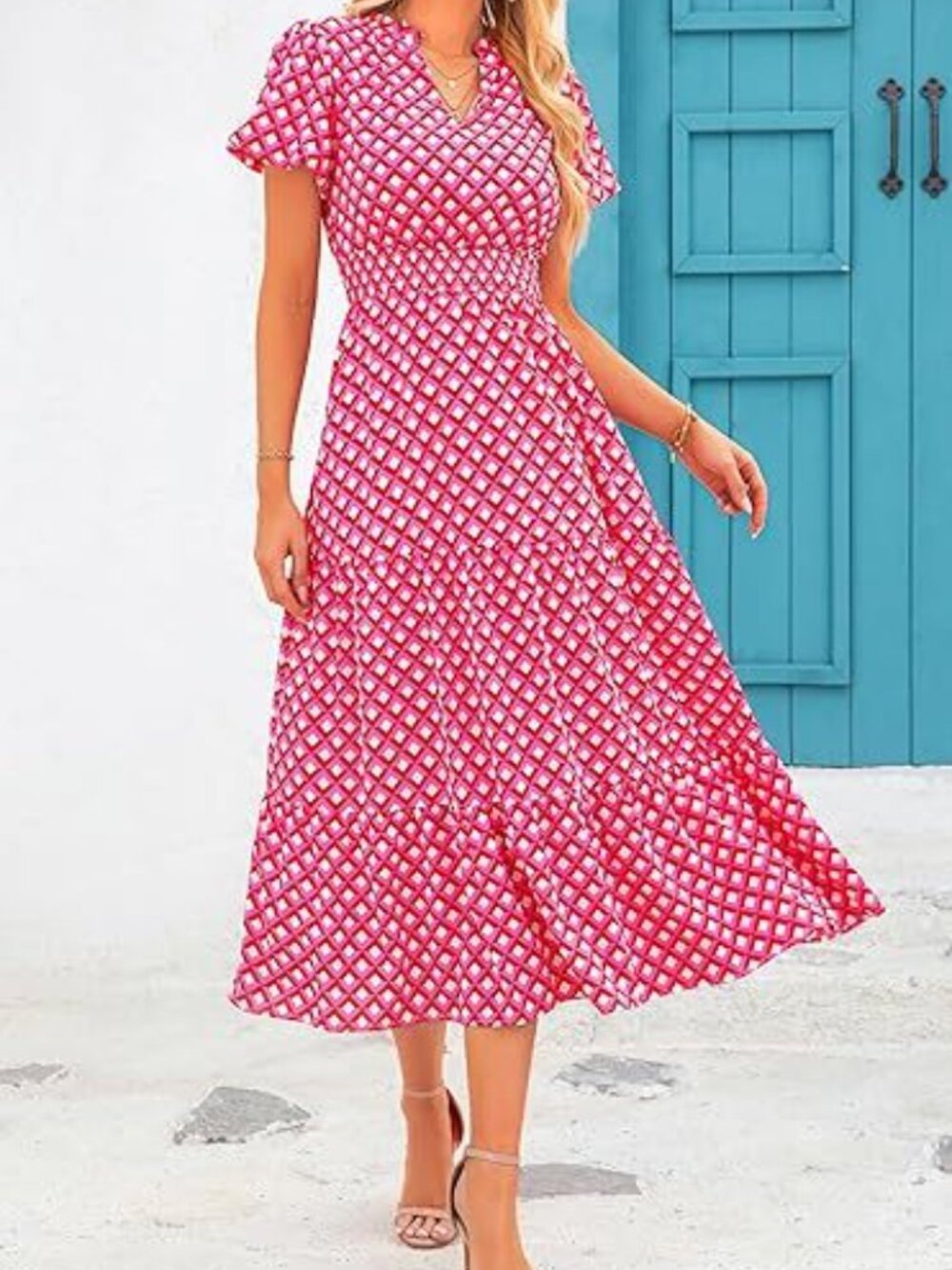 Women's Spring/Summer V-Neck Bubble Pleated Print Short Sleeve Pocket Dress